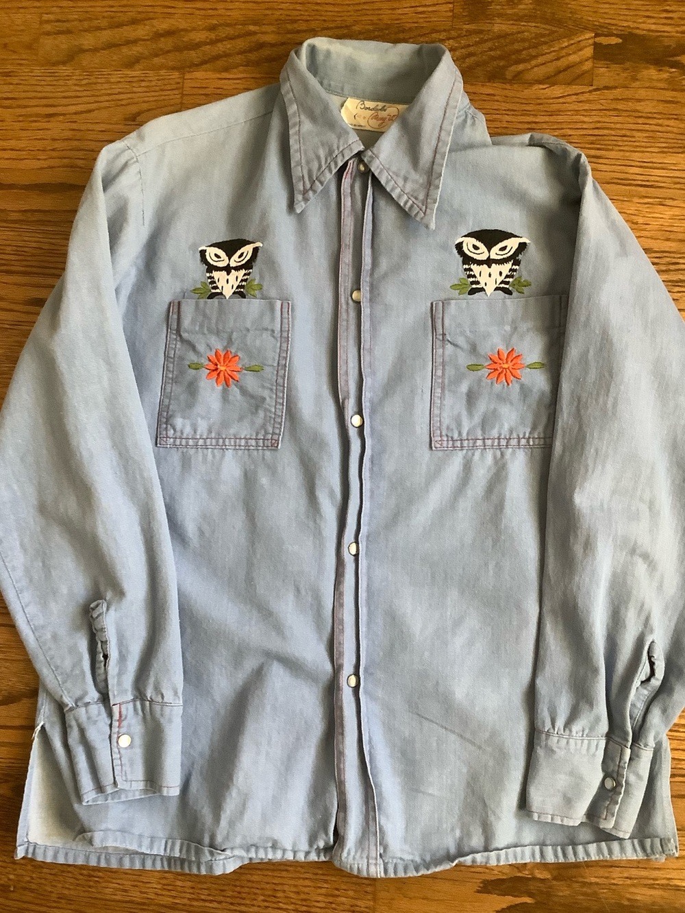 Vintage Bordados Embroidered Owls Button Down Western Boho Rodeo Denim Shirt